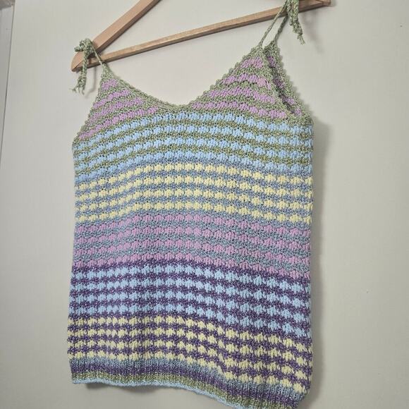 Rose Carmine Crochet Metallic Striped Tank Top Size 1 S M Pastel Handmade Knit - Picture 2 of 8